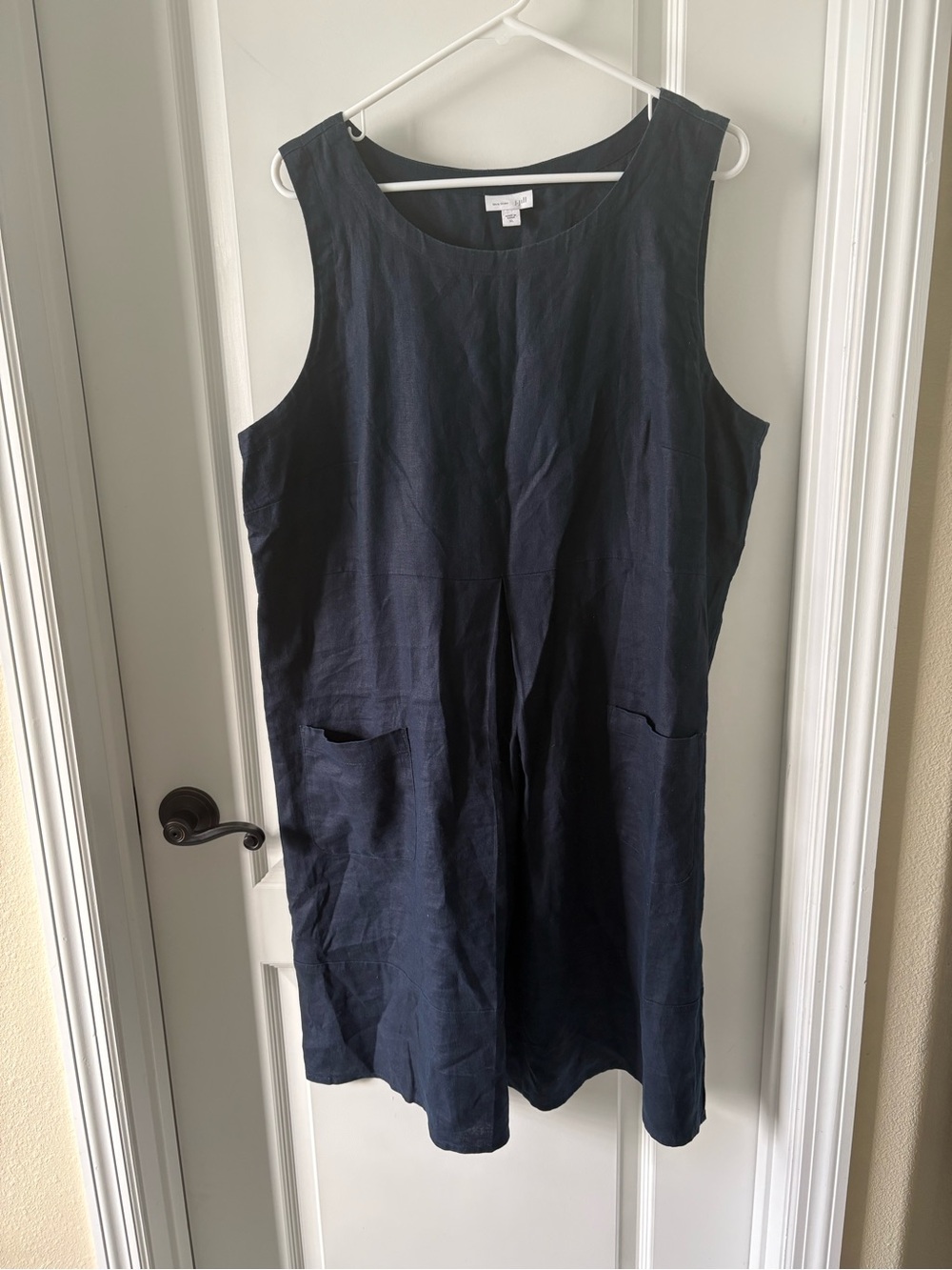 J. Jill Love Linen Dress XL Navy Blue Sleeveless Shift Pockets 100% Linen